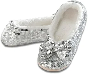 Snoozies Sequin Slippers for Women Indoor with Sherpa Lining, Womens Slipper Socks with Grips