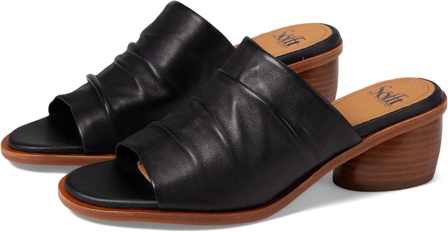 Sofft Chrissie - Heels for Women - Supple Ruched Leather Upper - Round Open Toe - Rounded Stacked Heel