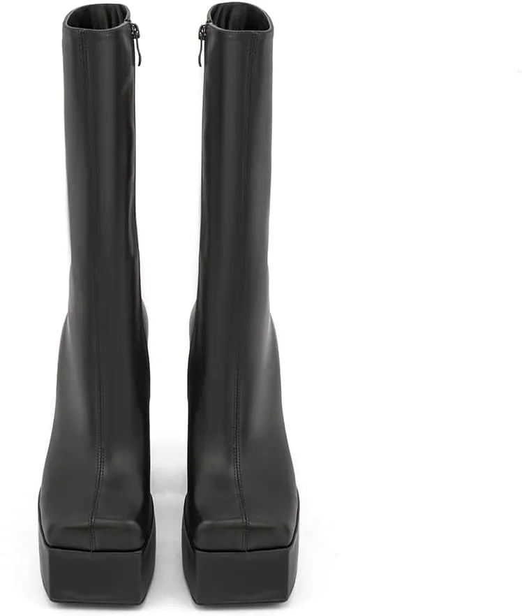 Spike Heels Platform Boots Snakeskin Heels Boots Chunky Heel Square Toe Boots