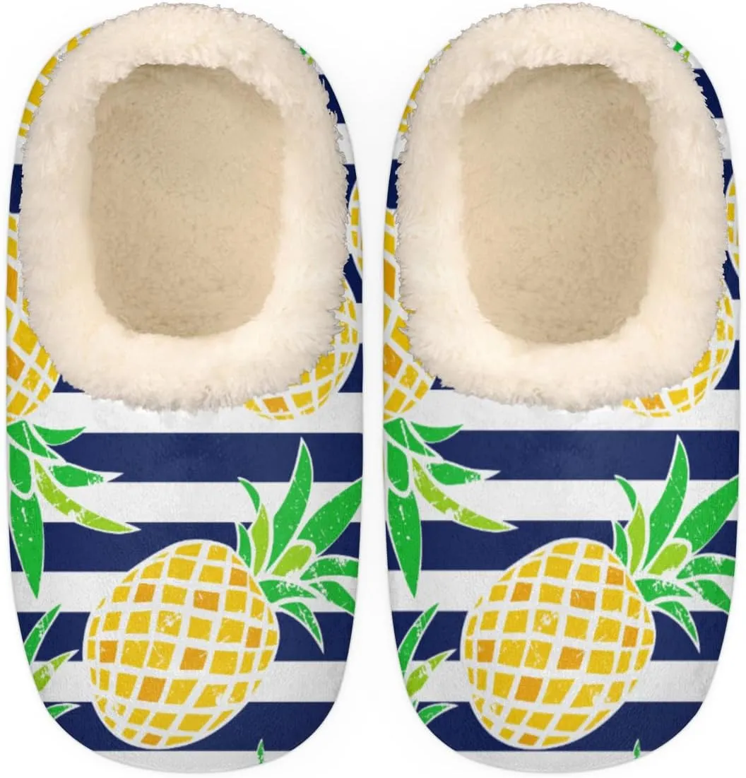 Summer Fruit Women's Slippers, Pineapple Stripe Soft Cozy Plush Lined House Slipper Shoes Indoor Non-Slip Slippers for Women Girls Boys Teenager