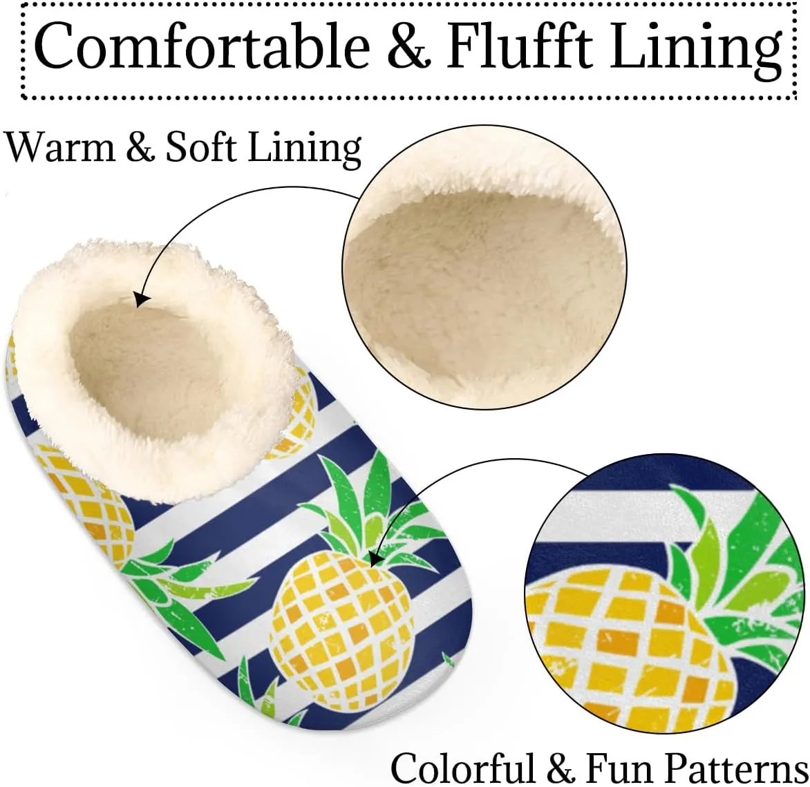 Summer Fruit Women's Slippers, Pineapple Stripe Soft Cozy Plush Lined House Slipper Shoes Indoor Non-Slip Slippers for Women Girls Boys Teenager