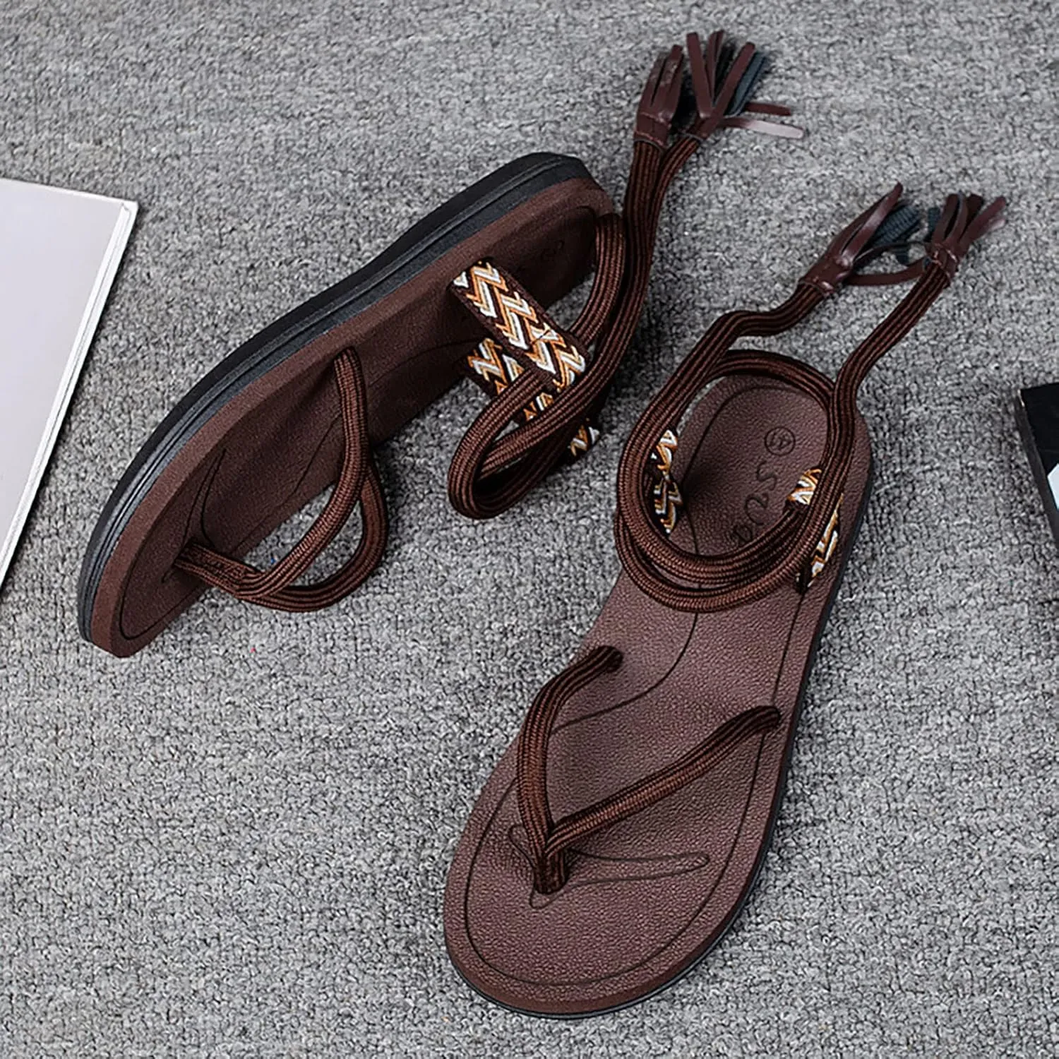 Summer Shoes Couple Men's Fashion Outerwear Rope Printed Herringbone Strap Sandal Wide Slide Sandals for Men