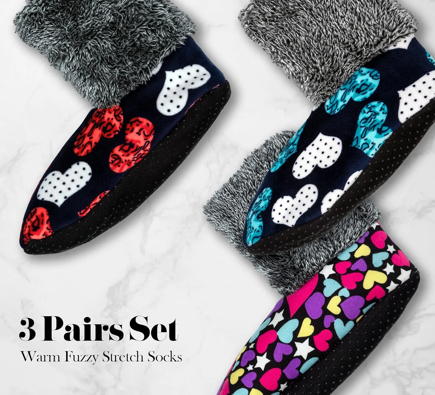 Tie G U Style 3-5 Pairs, Womens Warm Fuzzy Socks, Non Slip Grip, Stretch Velvet Slippers in Gift Box for Hospital & Nursing Home