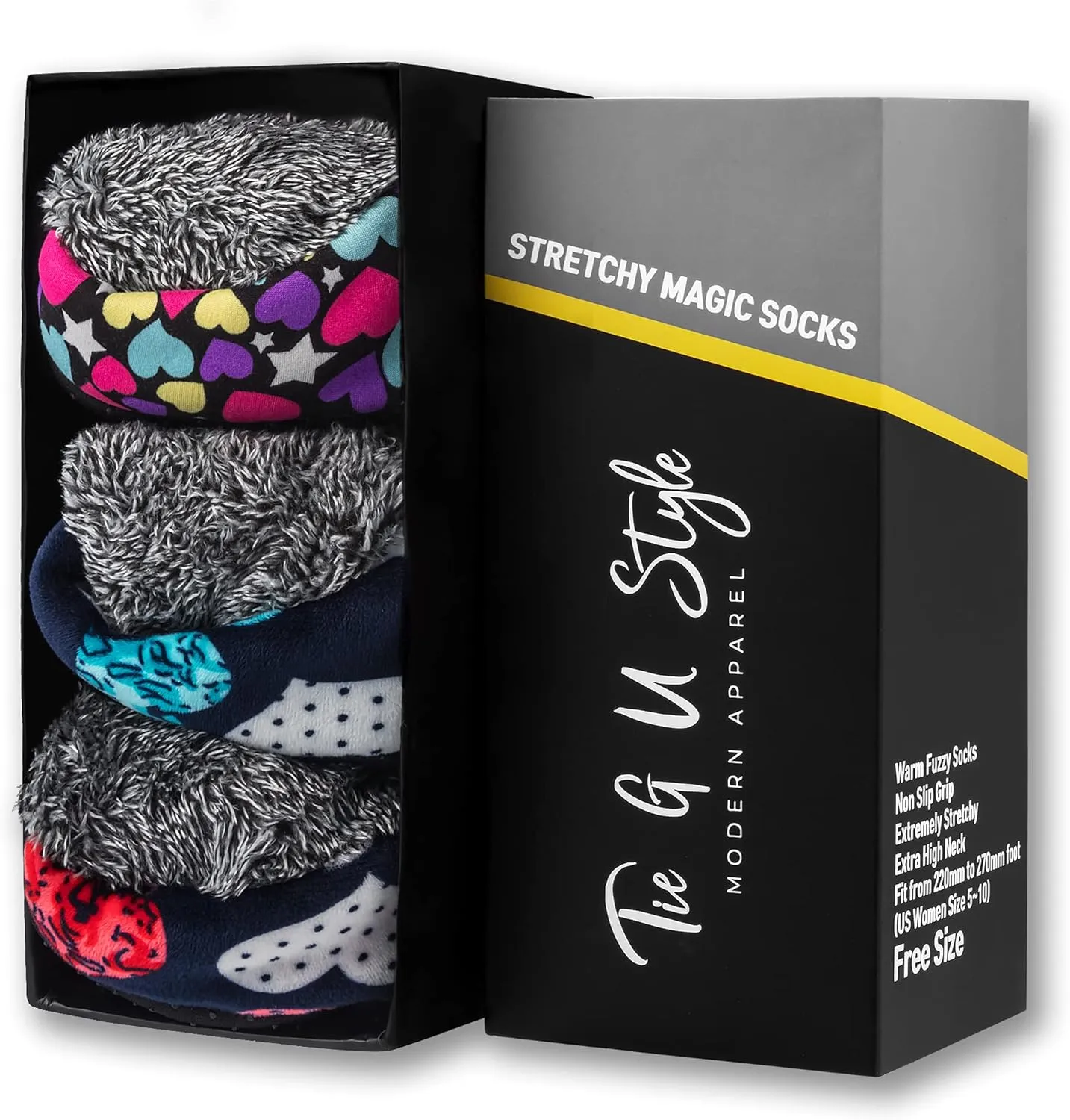 Tie G U Style 3-5 Pairs, Womens Warm Fuzzy Socks, Non Slip Grip, Stretch Velvet Slippers in Gift Box for Hospital & Nursing Home