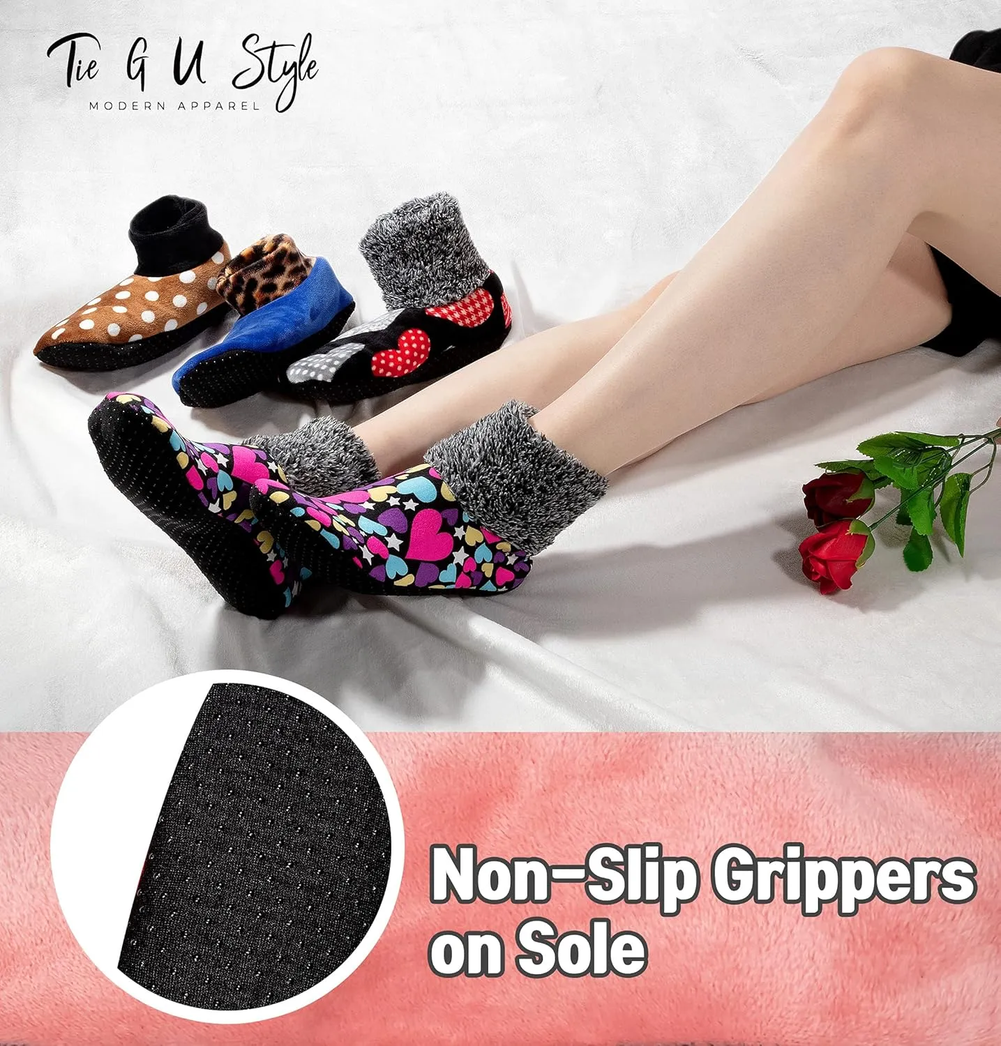 Tie G U Style 3-5 Pairs, Womens Warm Fuzzy Socks, Non Slip Grip, Stretch Velvet Slippers in Gift Box for Hospital & Nursing Home