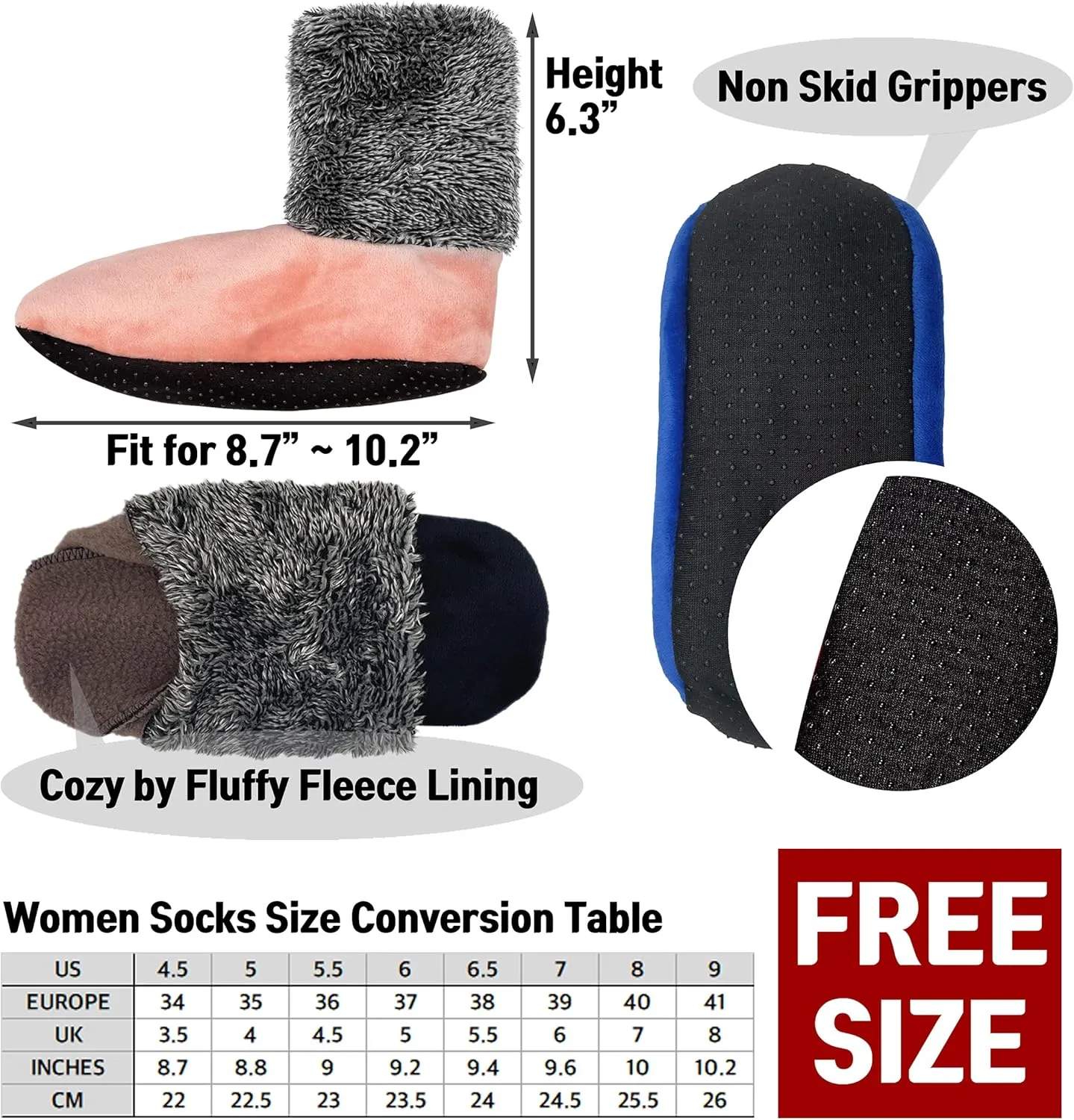 Tie G U Style 3-5 Pairs, Womens Warm Fuzzy Socks, Non Slip Grip, Stretch Velvet Slippers in Gift Box for Hospital & Nursing Home