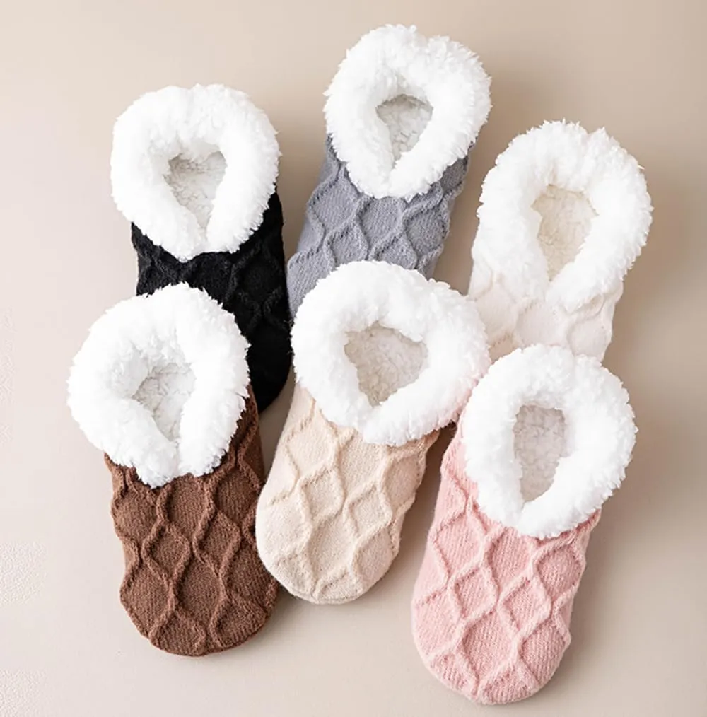 Truecups Socks, Fleece Lined Non-Slip Thermal Slippers Socks, V-Mouth Fluffy Slipper Socks, House Socks for Women