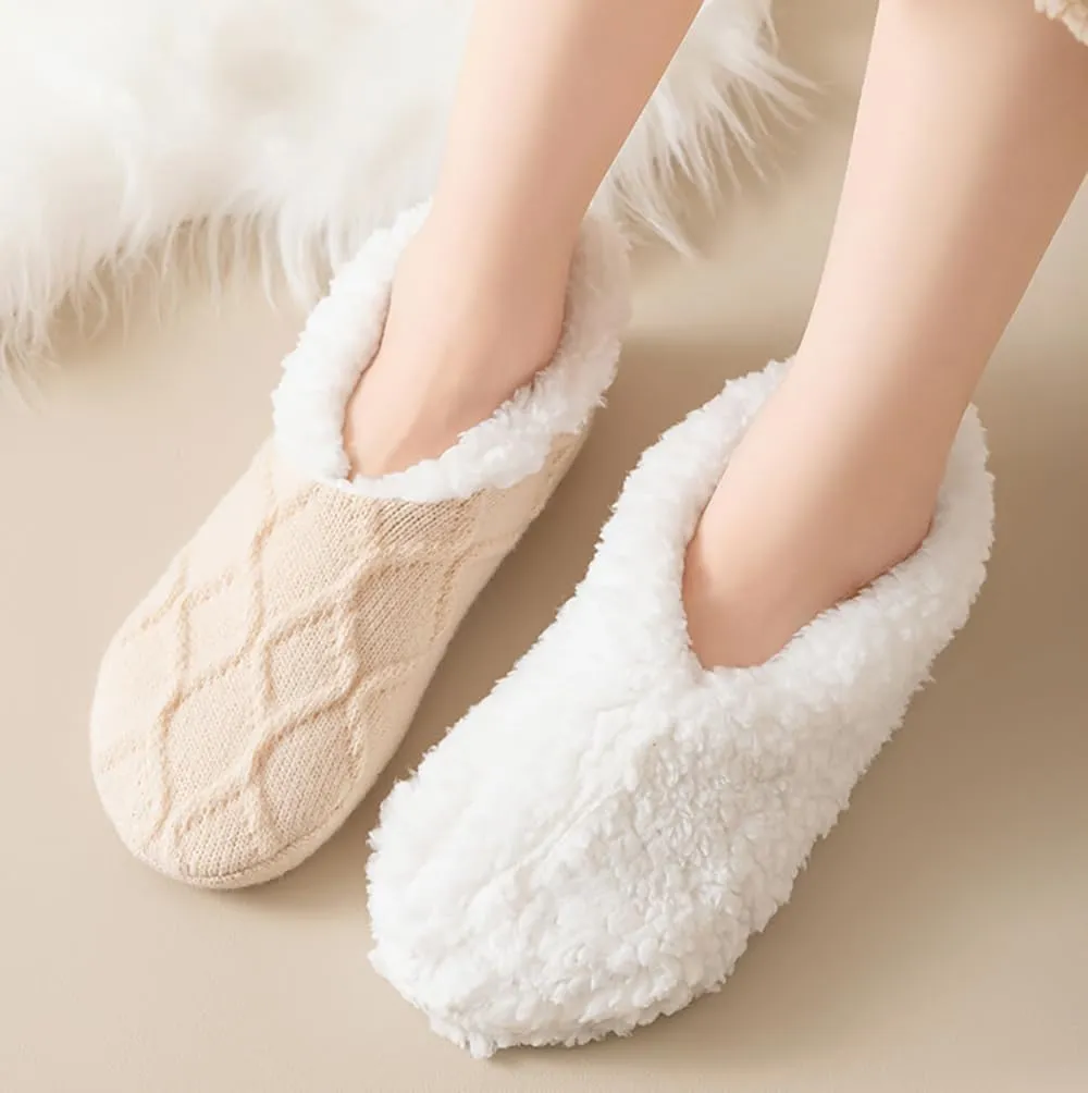 Truecups Socks, Fleece Lined Non-Slip Thermal Slippers Socks, V-Mouth Fluffy Slipper Socks, House Socks for Women