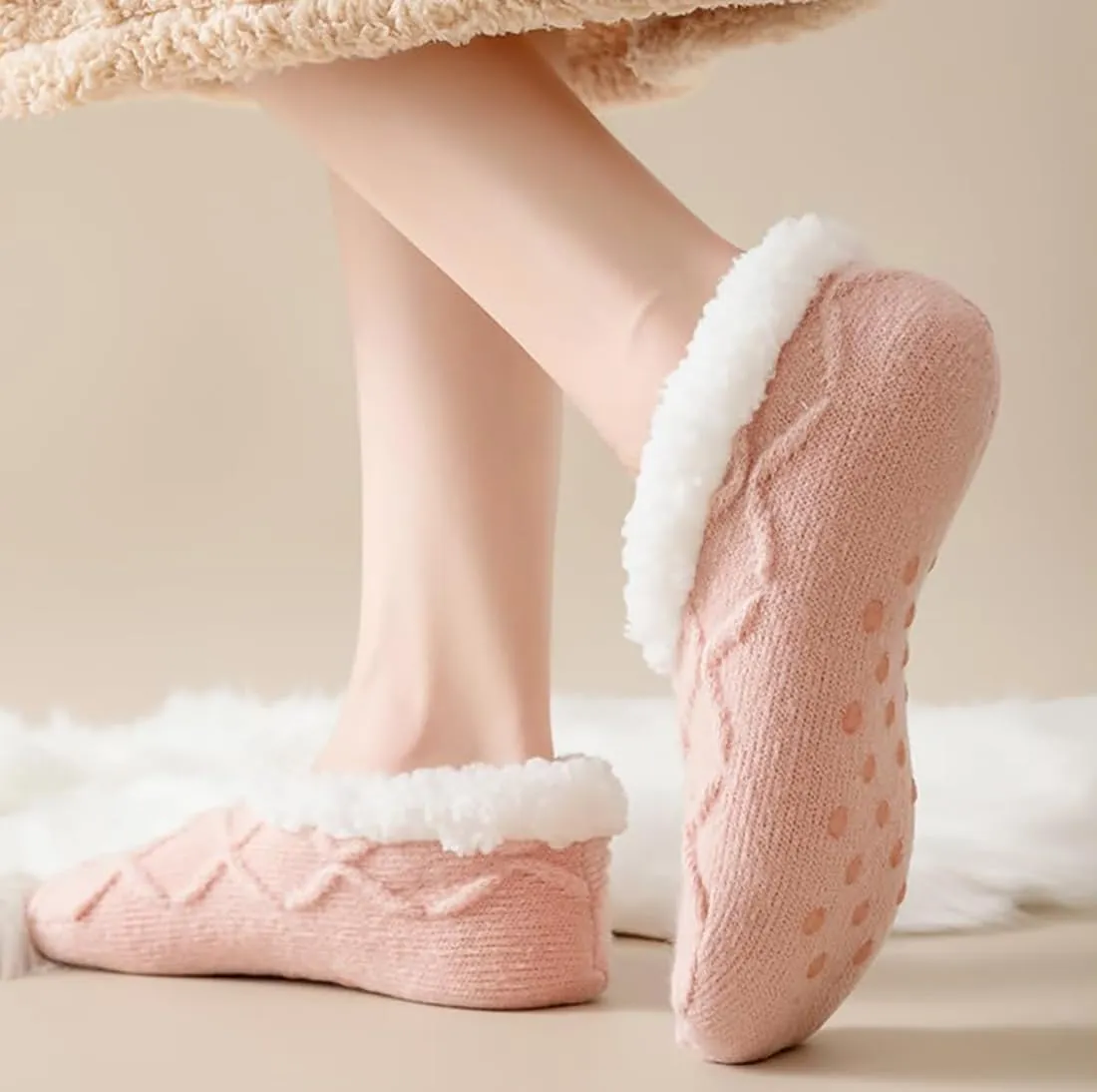 Truecups Socks, Fleece Lined Non-Slip Thermal Slippers Socks, V-Mouth Fluffy Slipper Socks, House Socks for Women