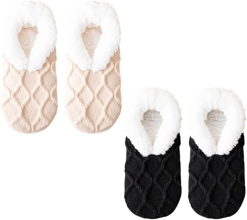 Truecups Socks, Fleece Lined Non-Slip Thermal Slippers Socks, V-Mouth Fluffy Slipper Socks, House Socks for Women