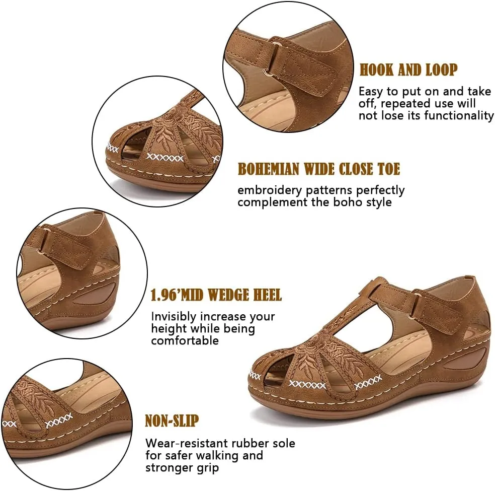 Tscoyuki Closed Toe Wedges Sandals for Women, Ankle Strap Hook and Loop Gladiator Flat Sandals Causal Summer Shoes Outdoor Beach Athletic Sandals