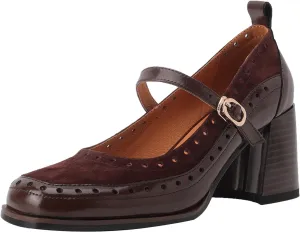 U-lite Women's Pumps Mary Jane High Heel Square Toe Oxfords Dress Shoes Casual Style Brown 8.5