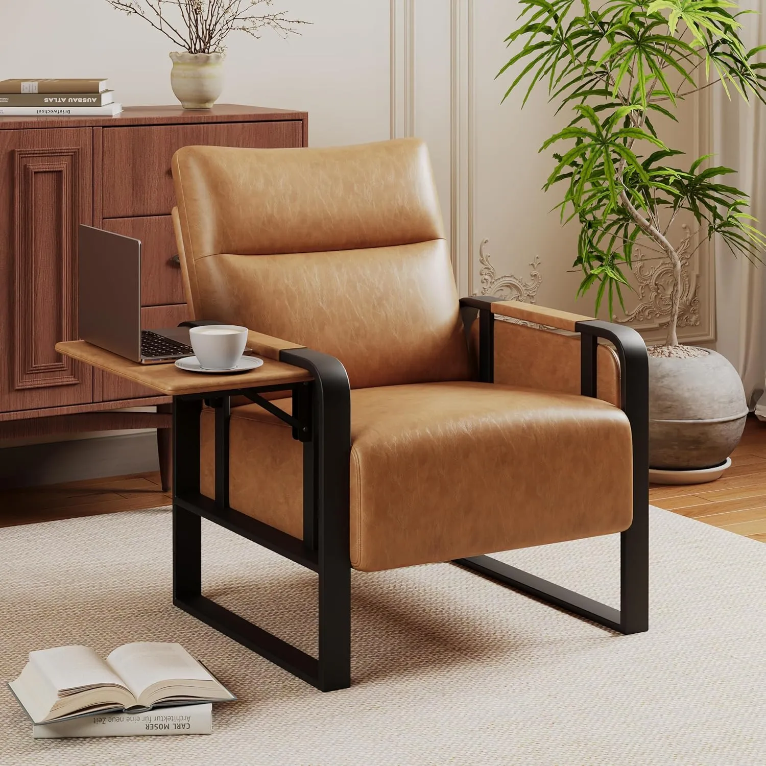Upholstered Living Room Chair Armchair, Mid Century Faux Leather Metal Accent Chair, Reception Couch Slipper Club Lounge Chair Guest Comfy Single Sofa with Sidetable for Bedroom-Light Brown