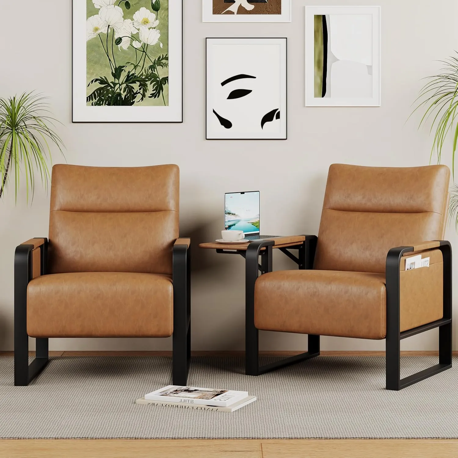 Upholstered Living Room Chair Armchair, Mid Century Faux Leather Metal Accent Chair, Reception Couch Slipper Club Lounge Chair Guest Comfy Single Sofa with Sidetable for Bedroom-Light Brown