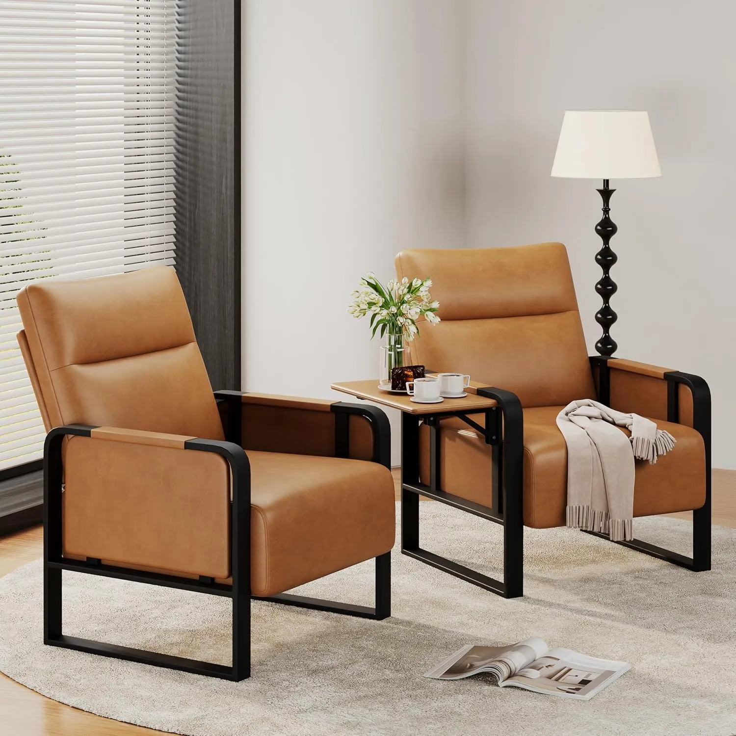 Upholstered Living Room Chair Armchair, Mid Century Faux Leather Metal Accent Chair, Reception Couch Slipper Club Lounge Chair Guest Comfy Single Sofa with Sidetable for Bedroom-Light Brown