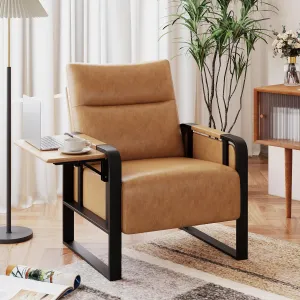 Upholstered Living Room Chair Armchair, Mid Century Faux Leather Metal Accent Chair, Reception Couch Slipper Club Lounge Chair Guest Comfy Single Sofa with Sidetable for Bedroom-Light Brown