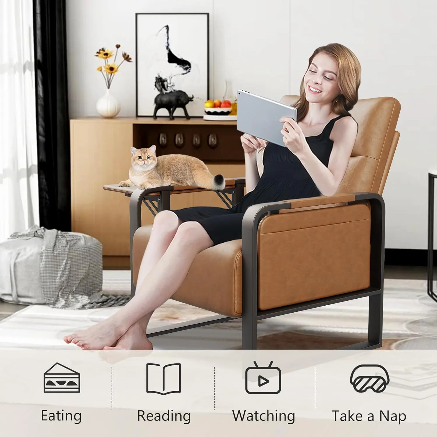 Upholstered Living Room Chair Armchair, Mid Century Faux Leather Metal Accent Chair, Reception Couch Slipper Club Lounge Chair Guest Comfy Single Sofa with Sidetable for Bedroom-Light Brown