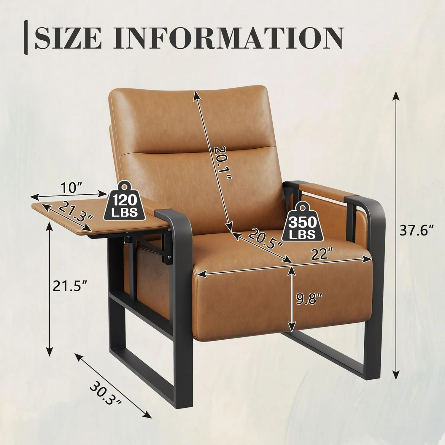 Upholstered Living Room Chair Armchair, Mid Century Faux Leather Metal Accent Chair, Reception Couch Slipper Club Lounge Chair Guest Comfy Single Sofa with Sidetable for Bedroom-Light Brown
