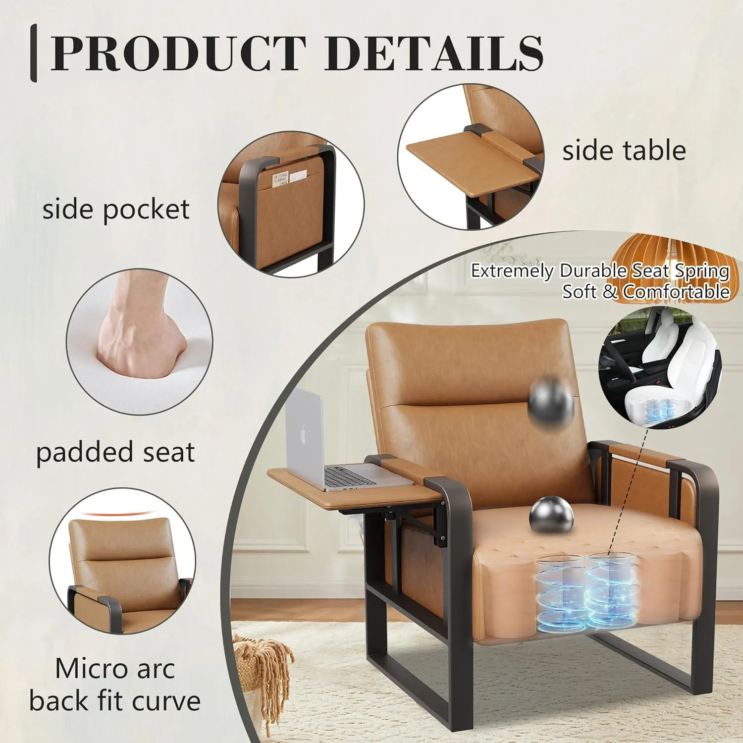 Upholstered Living Room Chair Armchair, Mid Century Faux Leather Metal Accent Chair, Reception Couch Slipper Club Lounge Chair Guest Comfy Single Sofa with Sidetable for Bedroom-Light Brown