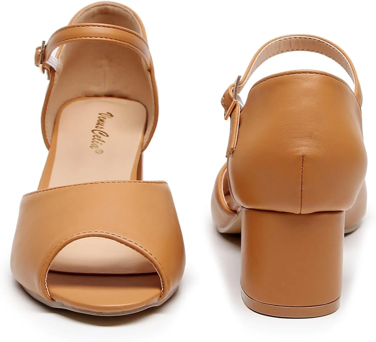 VenusCelia Women's Easy Going Strap Pump Chunky Heeled Sandal