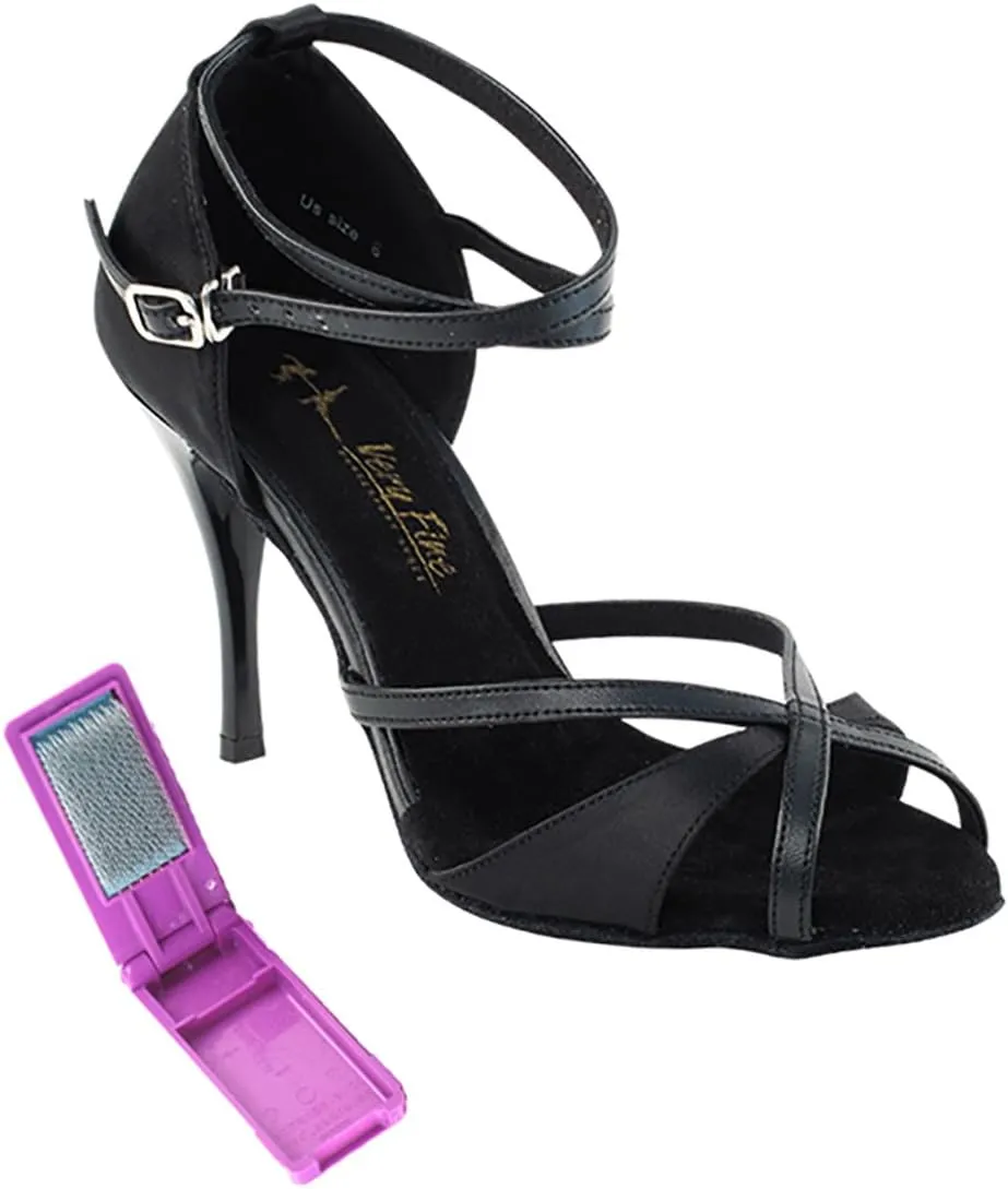 Very Fine Dance Shoes - Ladies Latin, Rhythm, Salsa, Waltz Ballroom Dance Shoes - 2829LEDSS - 3.5-inch Heel and Foldable Brush Bundle - Black Satin - Black Trim - 5.5
