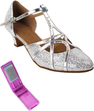 Very Fine Dance Shoes - Ladies Practice, Cuban Low Heel, Waltz Ballroom Dance Shoes - SERA3541-1.2-inch Heel and Foldable Brush Bundle - Silver Scale - Silver Trim - 6.5
