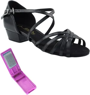 Very Fine Dance Shoes - Ladies Practice, Cuban Low Heel, Waltz, Wedding Dance Shoes - 1670FT - 1-inch Heel and Foldable Brush Bundle - Black PU - 9