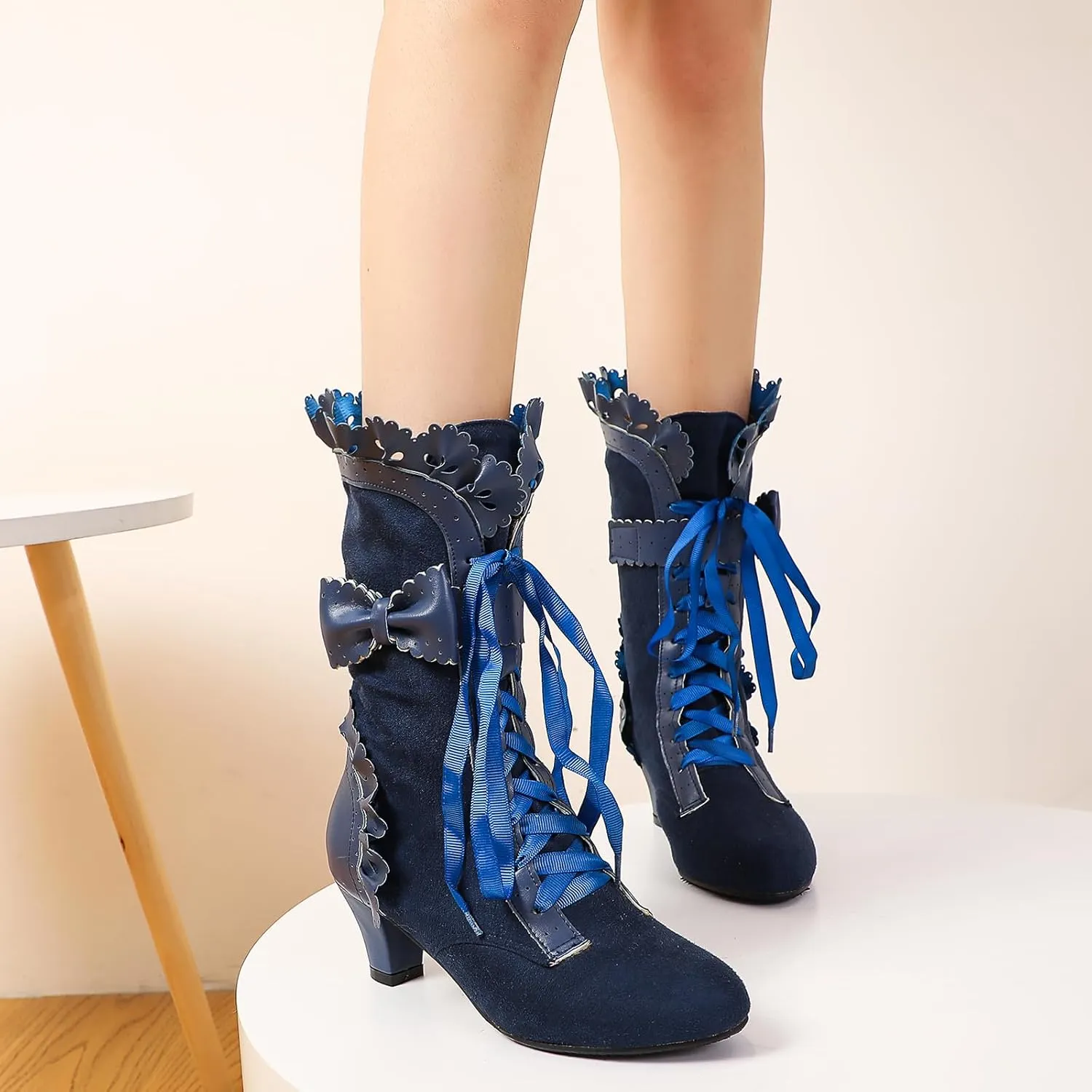 Victorian Boots for Women Vintage Bow Ruffles Goth Boots Costume Lace Up 70S Retro Boots Halloween Witch Stuff Cuban Heel Mid Calf Boots