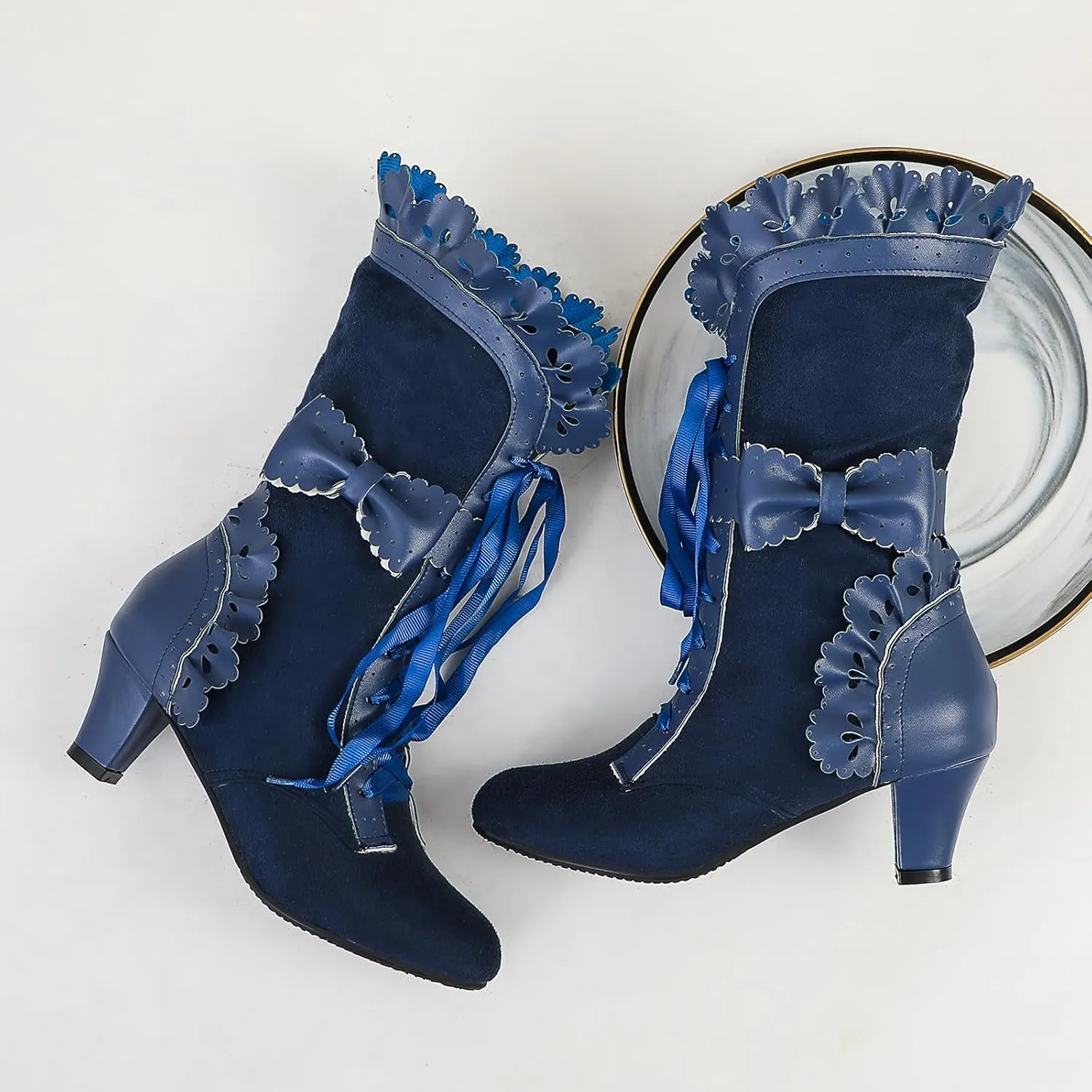 Victorian Boots for Women Vintage Bow Ruffles Goth Boots Costume Lace Up 70S Retro Boots Halloween Witch Stuff Cuban Heel Mid Calf Boots