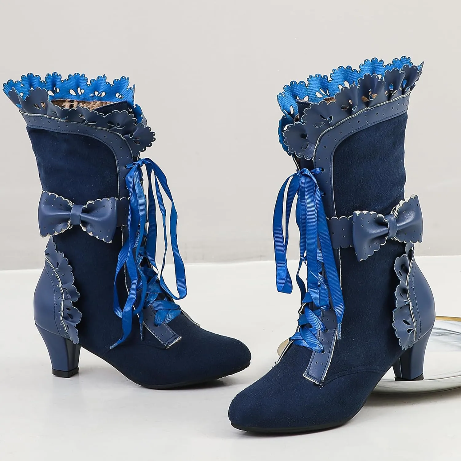 Victorian Boots for Women Vintage Bow Ruffles Goth Boots Costume Lace Up 70S Retro Boots Halloween Witch Stuff Cuban Heel Mid Calf Boots