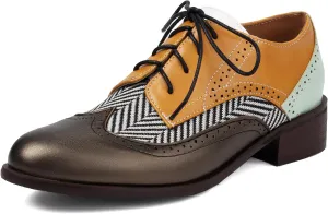 Vintage Colorful Oxfords Lace Up Classic Sewing Brogue for Women Block Low Heel Round Toe Mary Jane