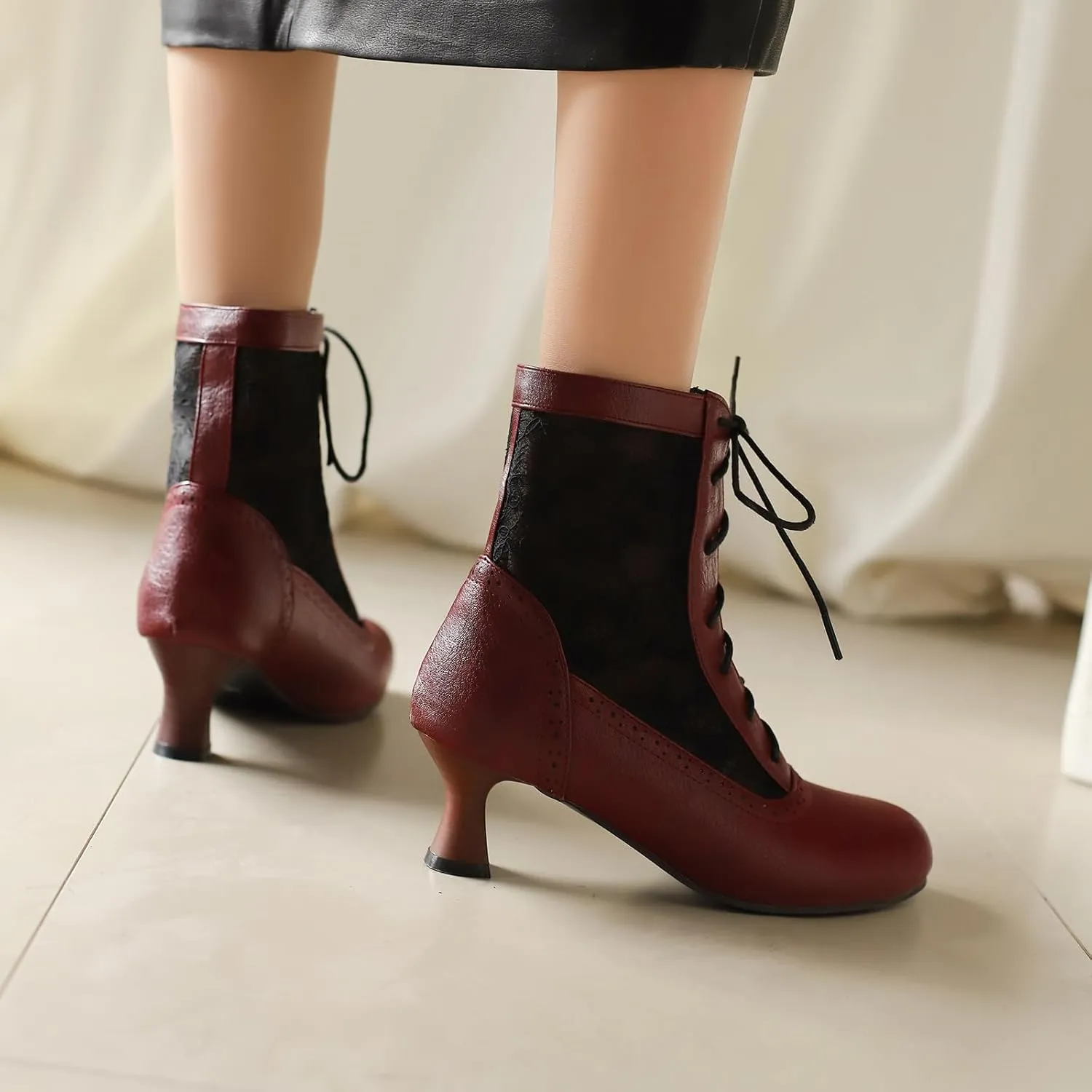 Vintage Victorian Boots for Women Kitten Heel Lace Ruffles Granny Boots Lace Up Ankle-High Booties