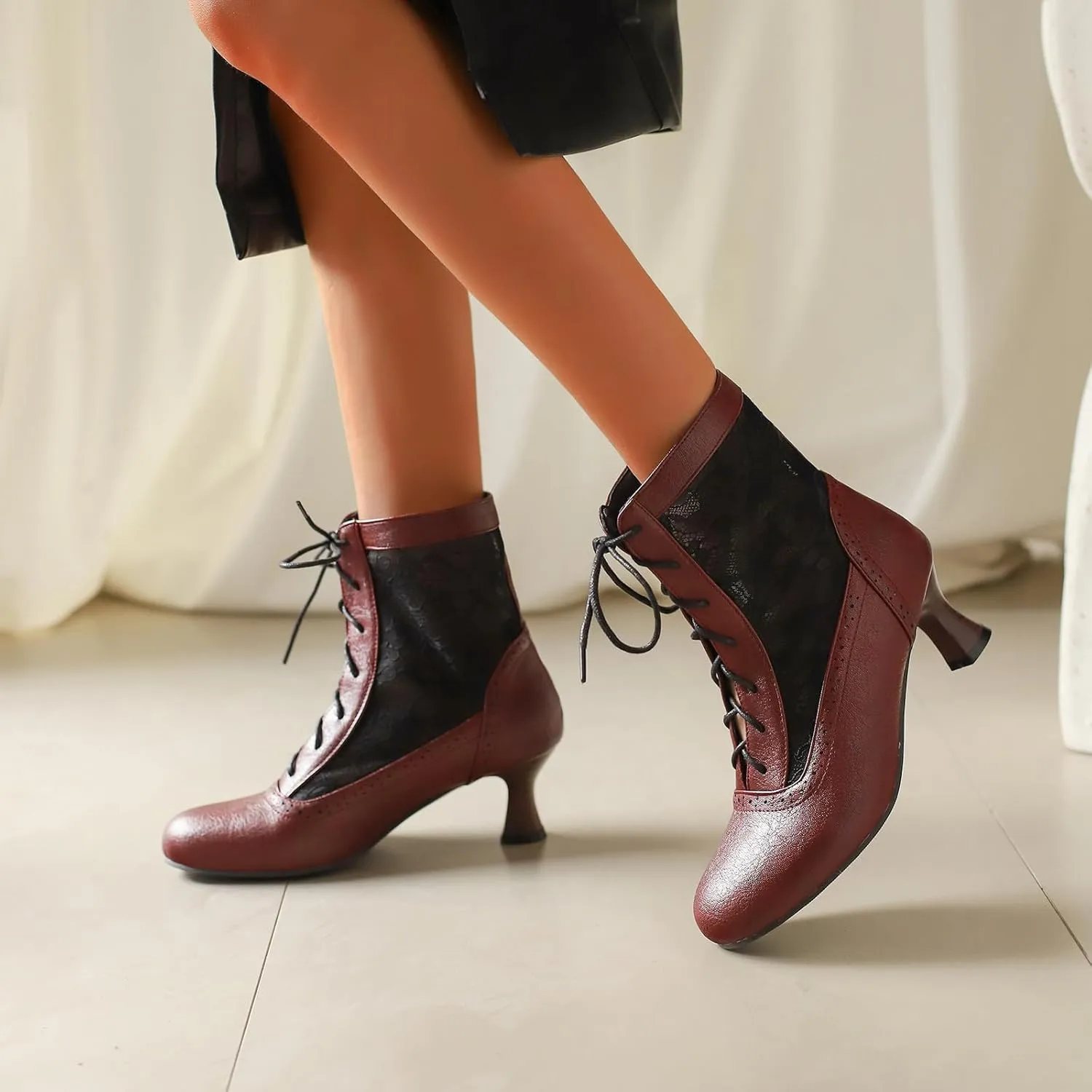 Vintage Victorian Boots for Women Kitten Heel Lace Ruffles Granny Boots Lace Up Ankle-High Booties