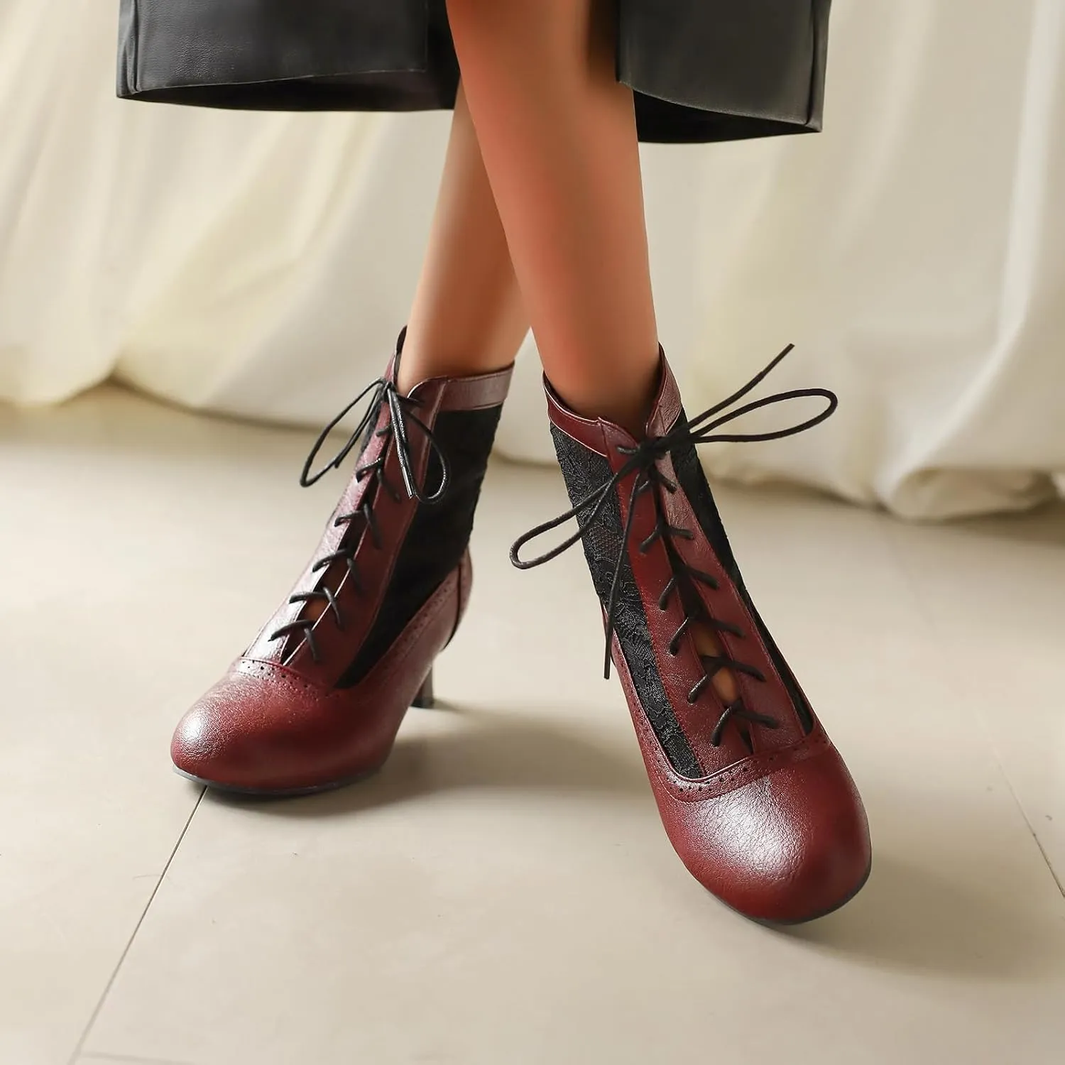 Vintage Victorian Boots for Women Kitten Heel Lace Ruffles Granny Boots Lace Up Ankle-High Booties