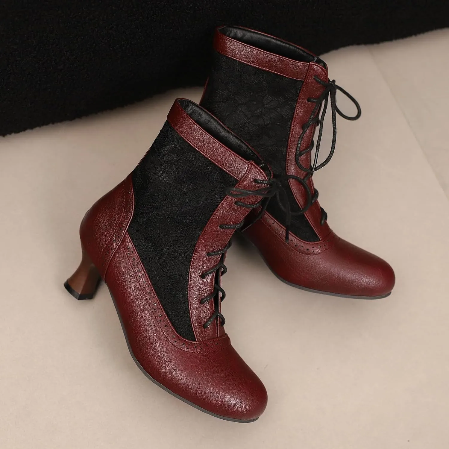 Vintage Victorian Boots for Women Kitten Heel Lace Ruffles Granny Boots Lace Up Ankle-High Booties
