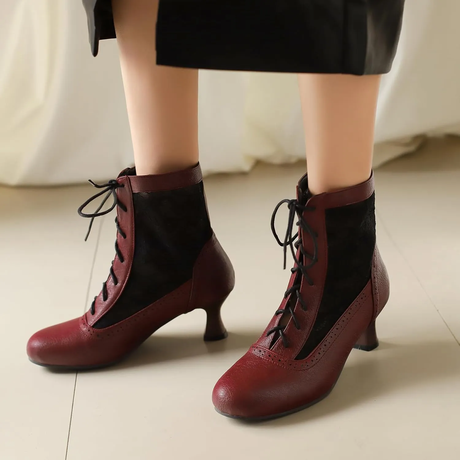 Vintage Victorian Boots for Women Kitten Heel Lace Ruffles Granny Boots Lace Up Ankle-High Booties