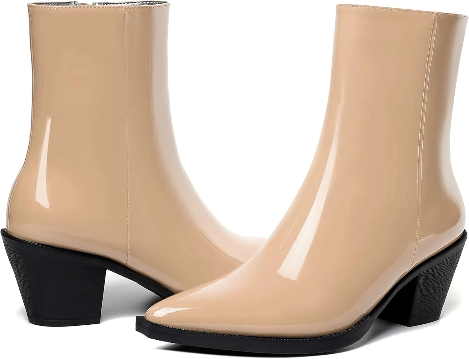 WAYDERNS Womens Zip Patent Dating Fashion Pointed Toe Block Mid Heel Ankle High Boots 2.2 Inch