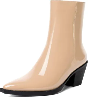 WAYDERNS Womens Zip Patent Dating Fashion Pointed Toe Block Mid Heel Ankle High Boots 2.2 Inch