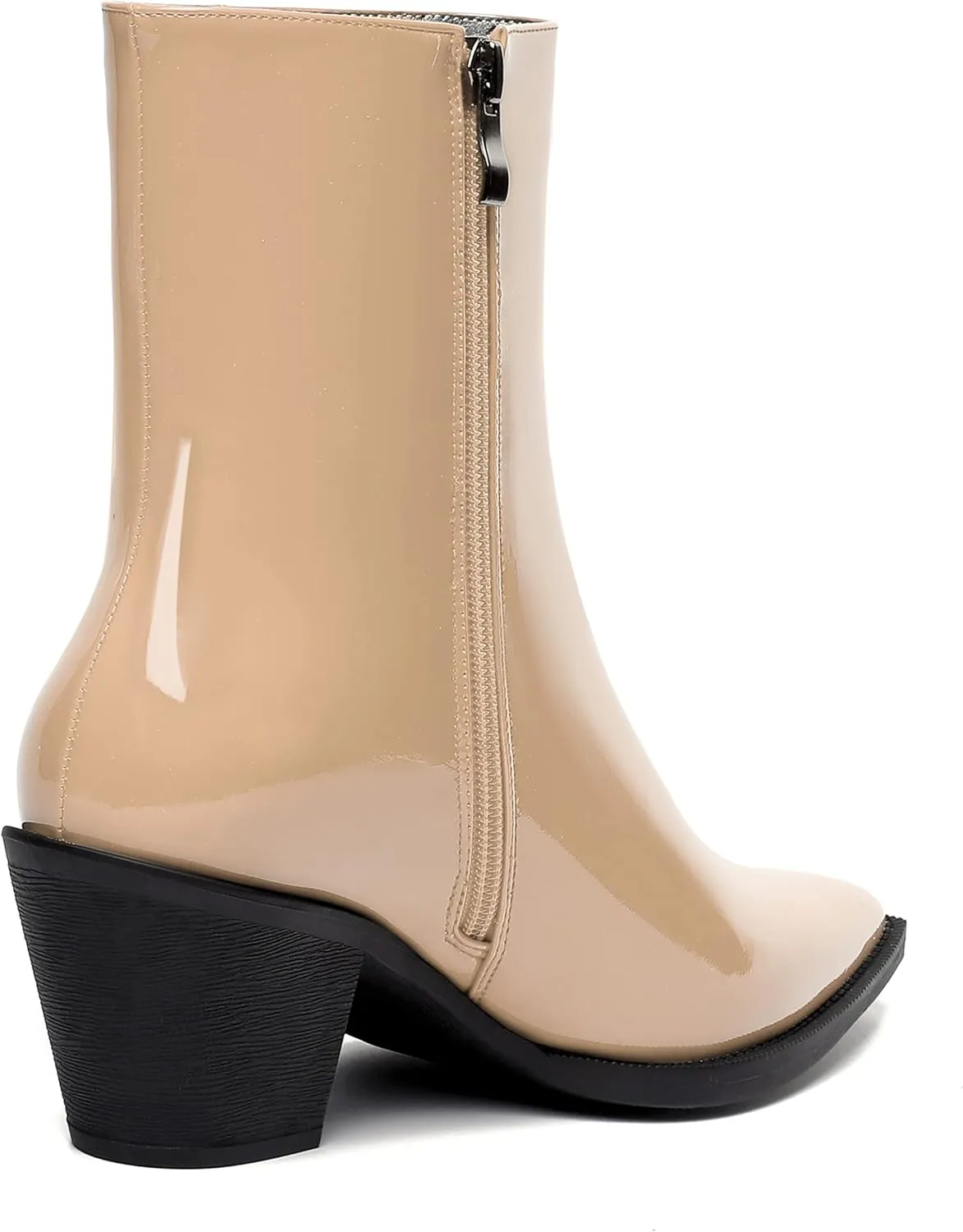 WAYDERNS Womens Zip Patent Dating Fashion Pointed Toe Block Mid Heel Ankle High Boots 2.2 Inch