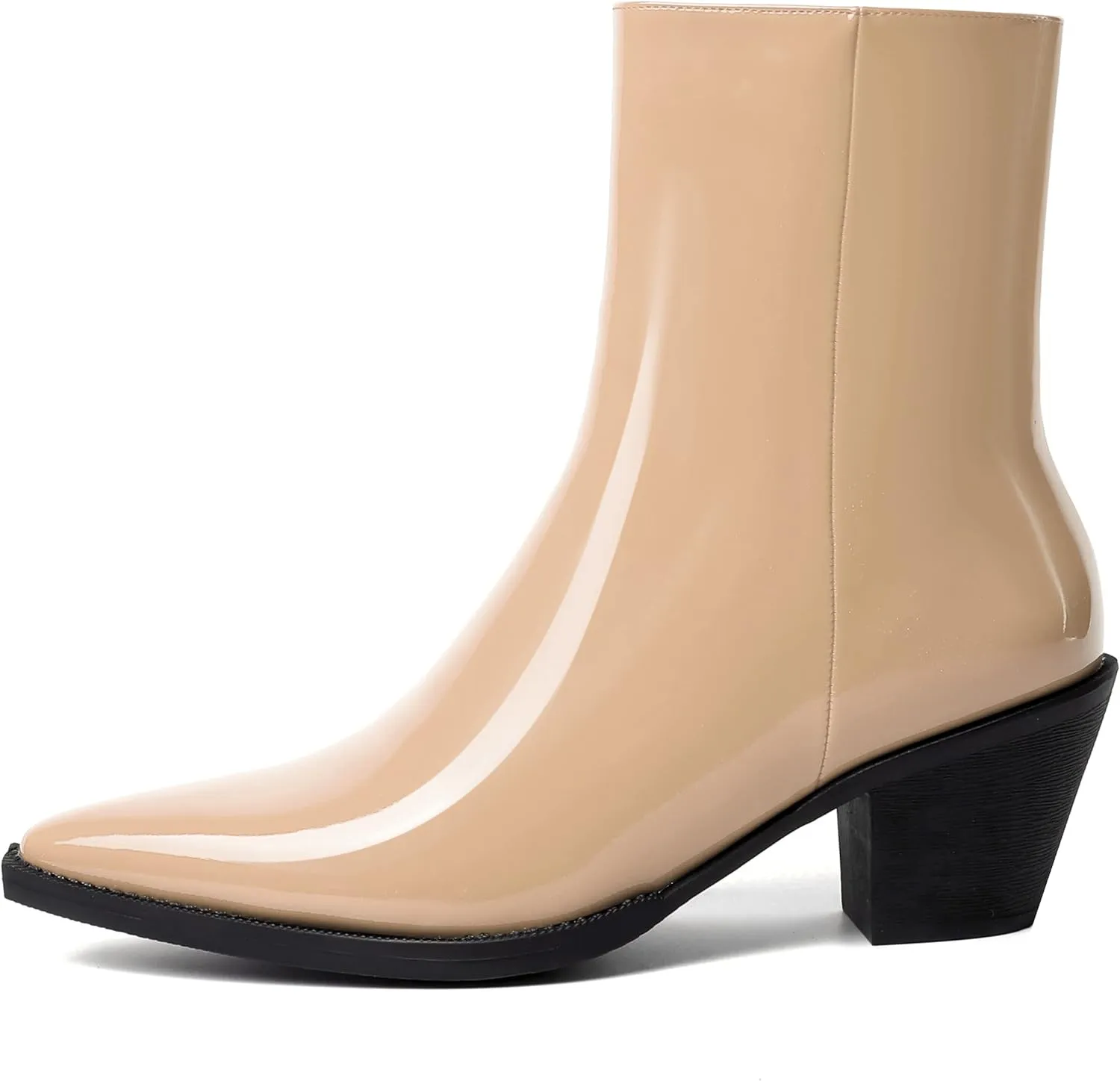 WAYDERNS Womens Zip Patent Dating Fashion Pointed Toe Block Mid Heel Ankle High Boots 2.2 Inch
