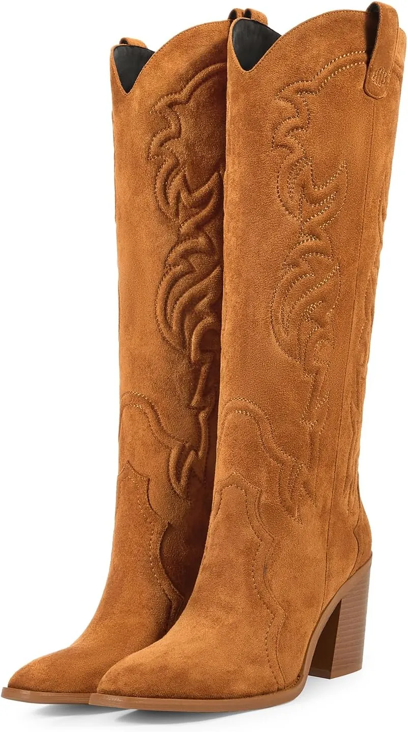 wetkiss Cowgirl Boots Women Knee High Boots, Embroidered Cowboy Boots with Chunky Heel Comfort Tall Western Boots for Women