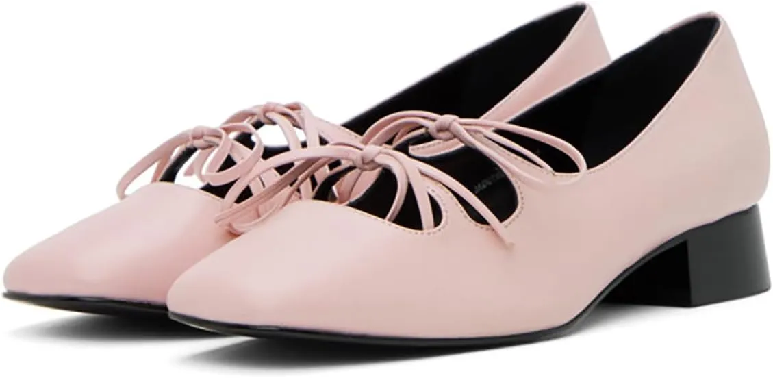 Women Low Chunky Heel Pumps Square Toe Bow Dress Pumps Lace Up Comfort 1 inch Block Heel Dress Shoes Slip On Chic Cute Basic Office Ladies Loafer Shoes Party Dating 4-11 M US