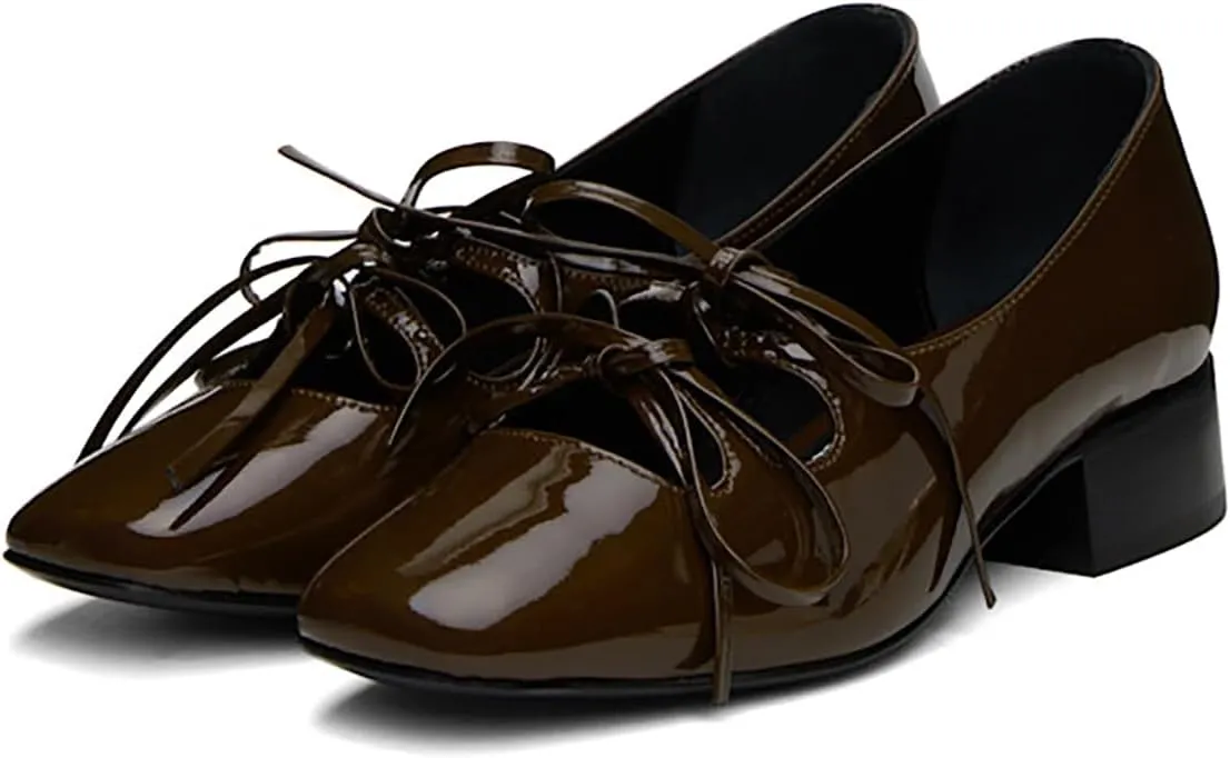 Women Low Chunky Heel Pumps Square Toe Bow Dress Pumps Lace Up Comfort 1 inch Block Heel Dress Shoes Slip On Chic Cute Basic Office Ladies Loafer Shoes Party Dating 4-11 M US