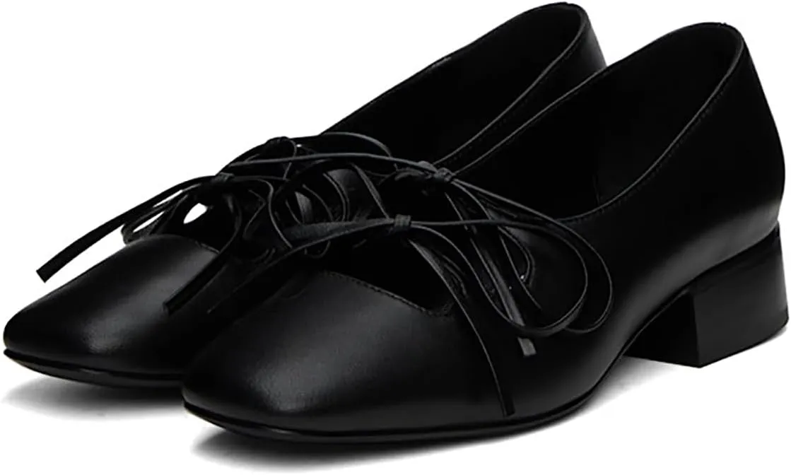 Women Low Chunky Heel Pumps Square Toe Bow Dress Pumps Lace Up Comfort 1 inch Block Heel Dress Shoes Slip On Chic Cute Basic Office Ladies Loafer Shoes Party Dating 4-11 M US