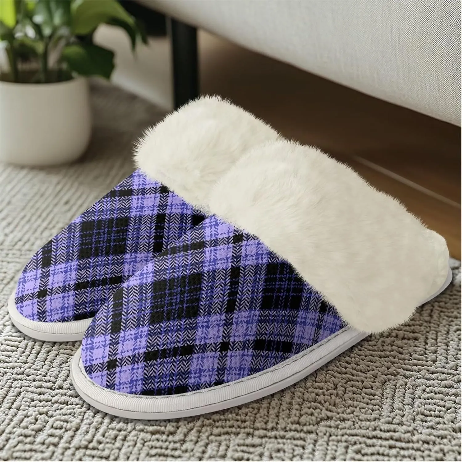 Women Novelty Print Fuzzy Slippers Winter Casual Slip-on Indoor Shoes Warm Cozy House Slipper Bedroom Slippers