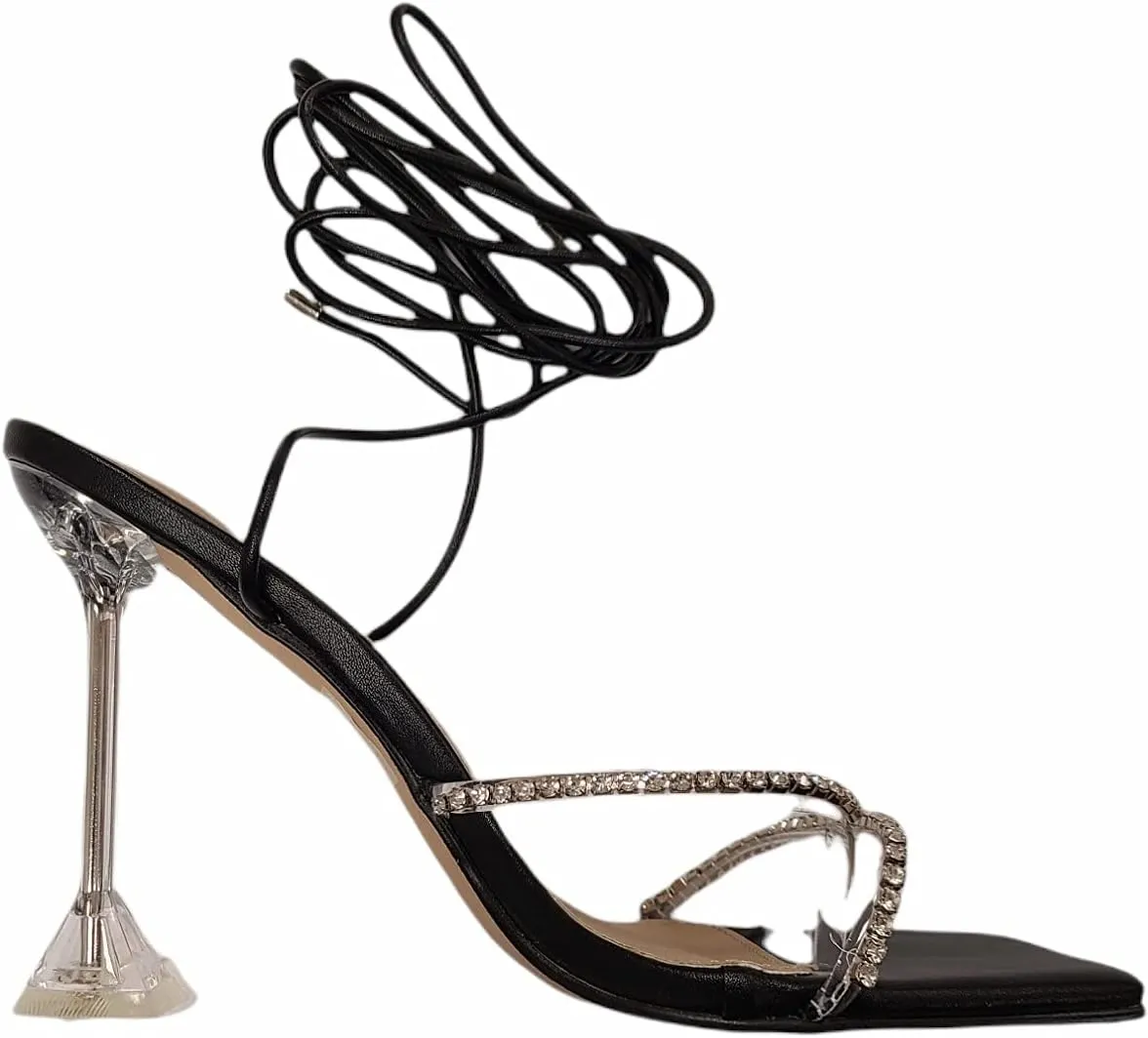 Women square toe lace up stiletto high heel gladiator sandals