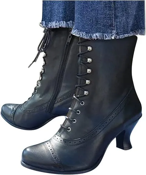 Women Vintage Boots, 70s Lace up Ankle Boots Mid Heel Booties Cone Heel Side Zip Almond Toe Boots Costume Shoes, Multisize