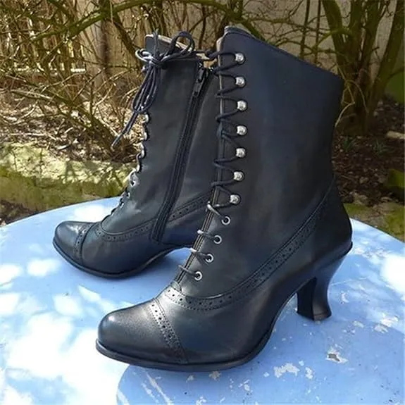 Women Vintage Boots, 70s Lace up Ankle Boots Mid Heel Booties Cone Heel Side Zip Almond Toe Boots Costume Shoes, Multisize