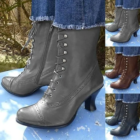 Women Vintage Boots, 70s Lace up Ankle Boots Mid Heel Booties Cone Heel Side Zip Almond Toe Boots Costume Shoes, Multisize