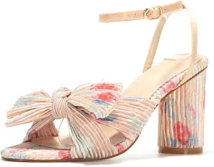 Women Vintage Velvet Chunky Block High Heel Sandals Open Toe Ankle Strap Shoes with Bow